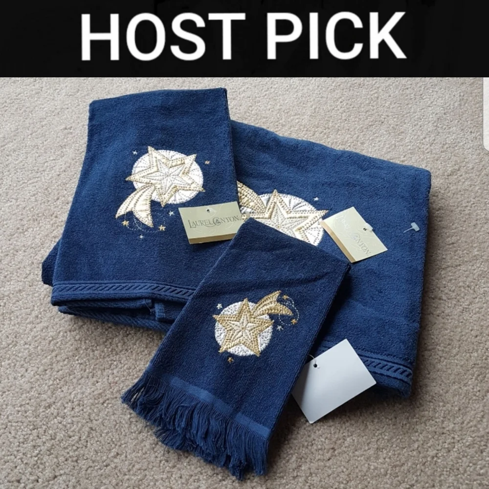 Laurel Canyon Bathworks Celestial Navy Blue Sun Moon Stars 3-pc Towel Set NWT
